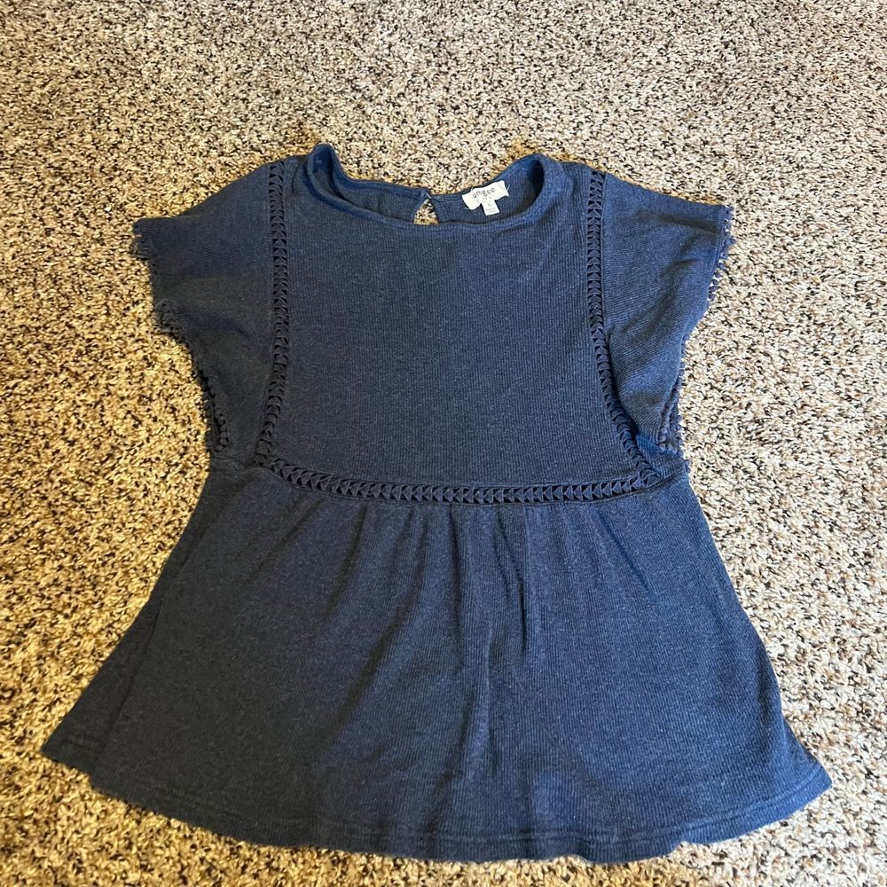 Umgee Navy Blue Peplum Top with Crochet Trim Detail Short Sleeve Blouse Size S
